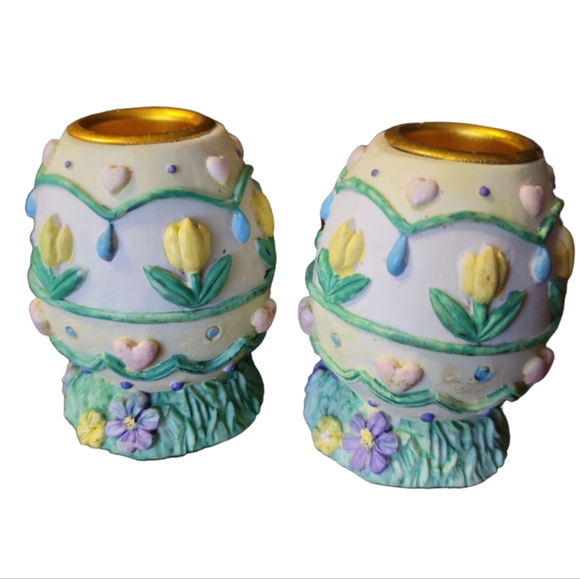 🔥(5/$20) 2 Vtg Easter Egg Heart Tulip Candlestick Holders - Picture 3 of 7